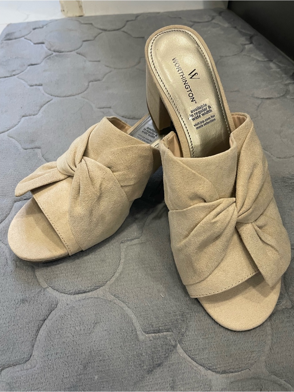 Worthington Taupe Knot-Front Block Heel Mules